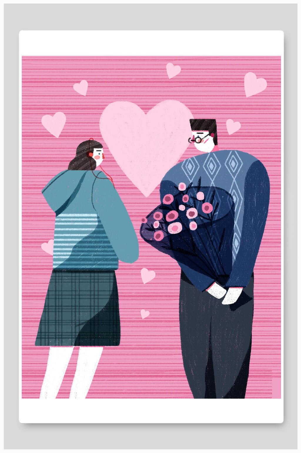 捧花爱心男女粉蓝色手绘情人节插画素材