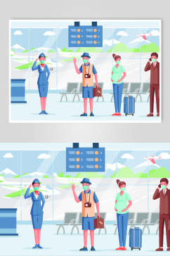 高端创意航空机场人物场景插画矢量素材