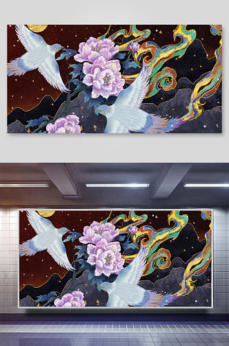 花鹤鎏金中式复古背景展板