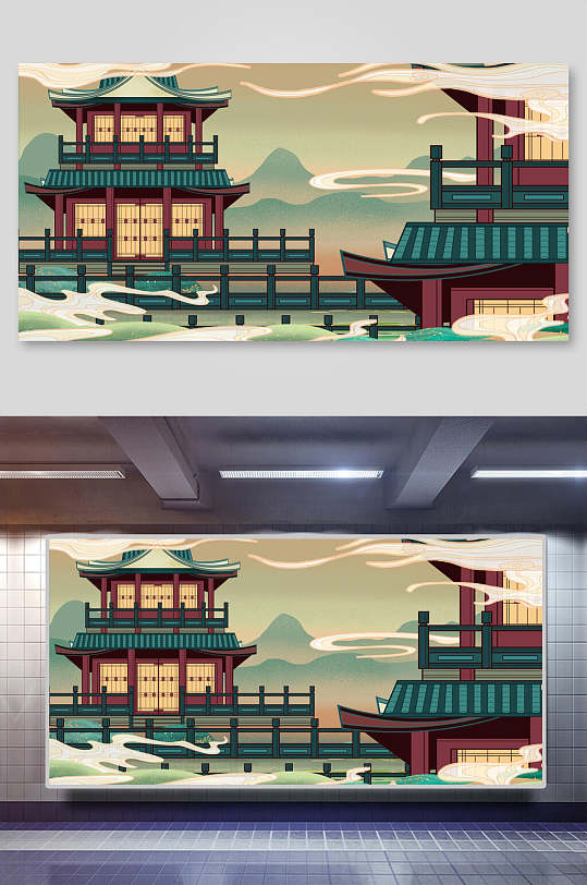 中国风楼阁复古色调云雾插画