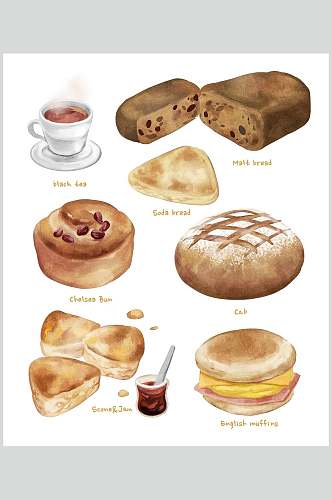 早餐手绘蛋糕面包甜品插画素材