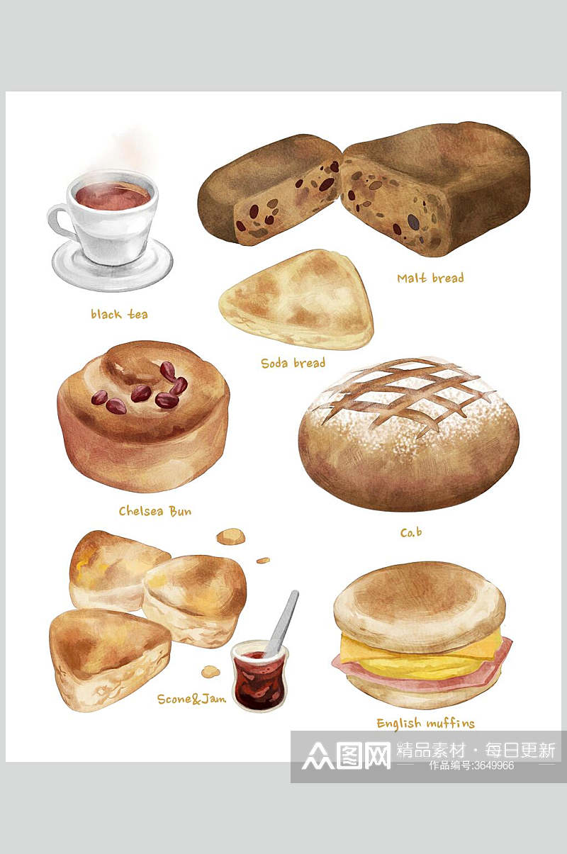 早餐手绘蛋糕面包甜品插画素材素材
