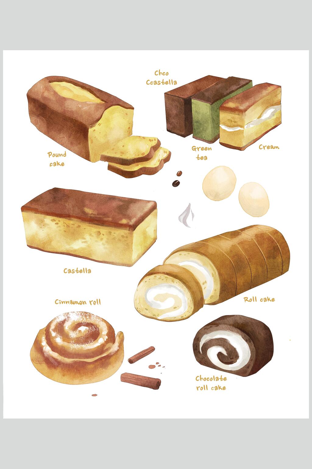 新鲜手绘蛋糕面包甜品插画素材素材