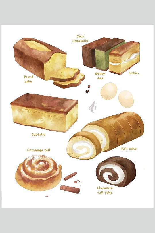 新鲜手绘蛋糕面包甜品插画素材
