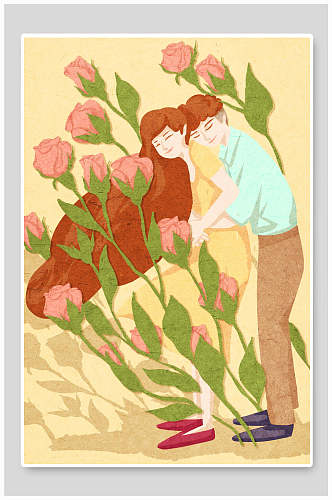 粉绿色长发玫瑰拥抱手绘情人节海报