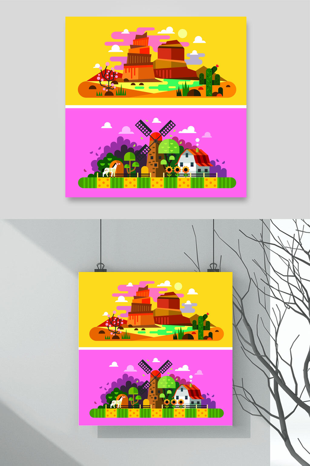 炫酷度假风景建筑插画矢量素材素材