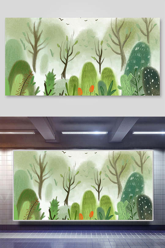 山间森林简约清新手绘森林风景插画-众图网