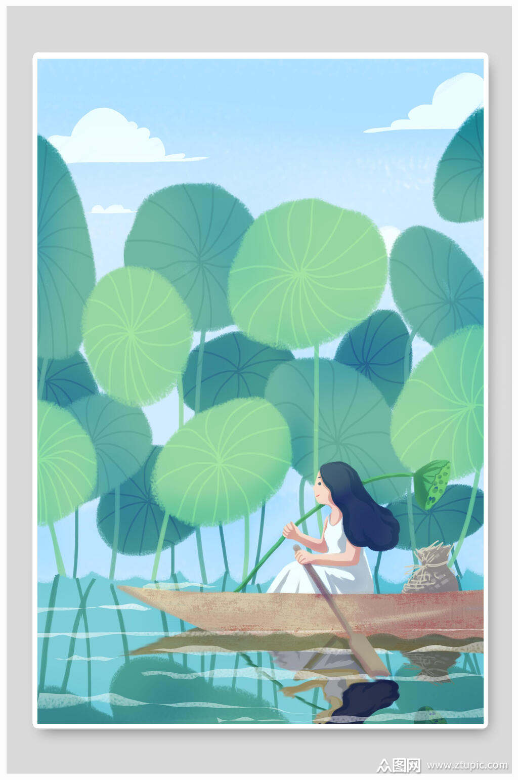 精美夏天清新女孩划船插画素材