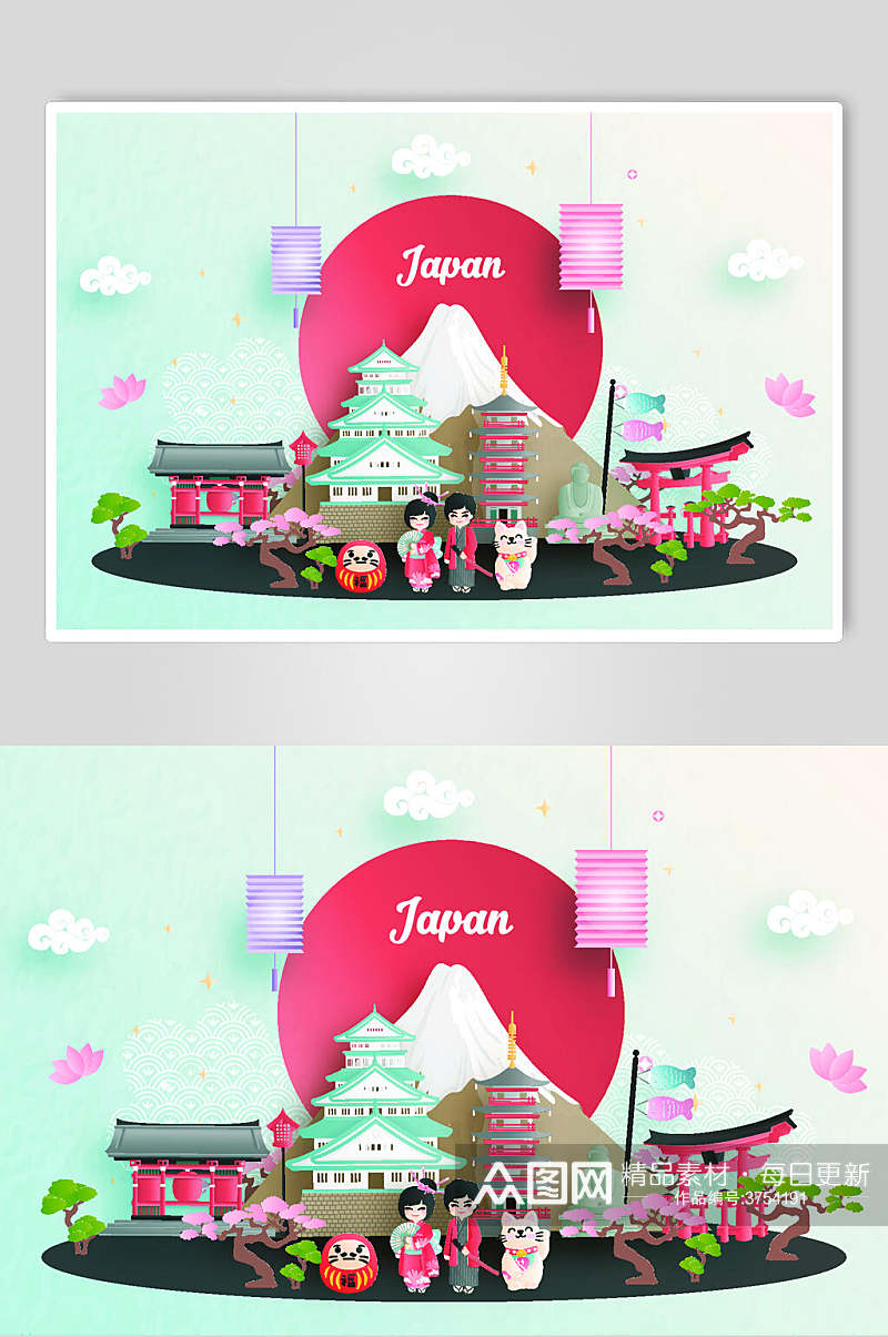 公园剪纸风格日本旅游矢量素材素材