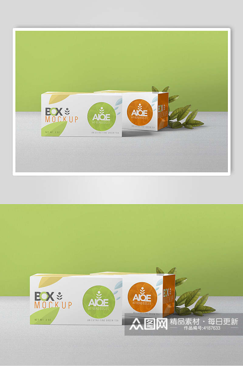 盒子绿色叶子创意大气包装展示样机素材