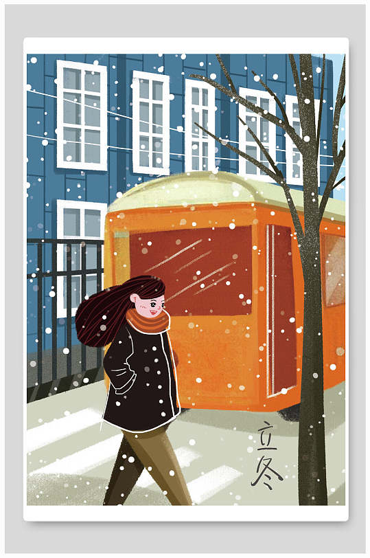 人物漫画女孩冬季雪景插画
