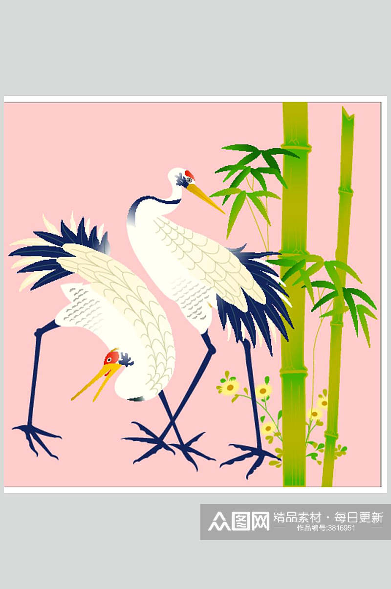 粉色竹子仙鹤中式古典花纹矢量素材素材