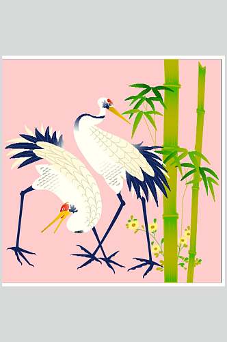 粉色竹子仙鹤中式古典花纹矢量素材