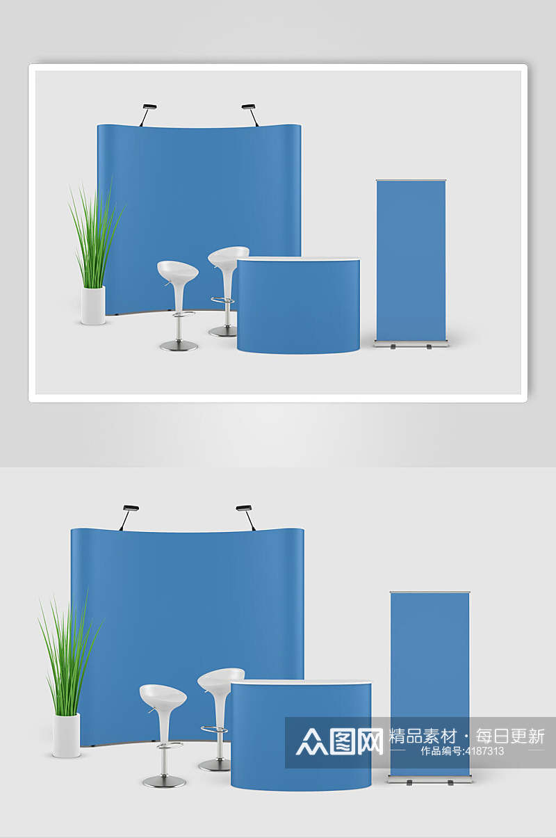 植物蓝色椅子清新前台背景墙样机素材