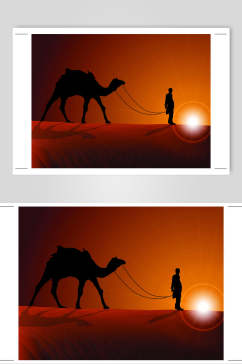 人背影牵着骆驼橙黄风景夕阳西下矢量素材