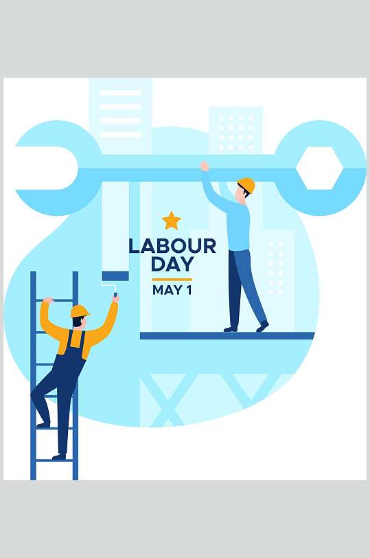 时尚英文蓝色五一劳动节矢量素材