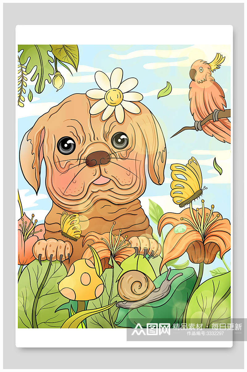动物花朵手绘可爱卡通森林动物插画素材