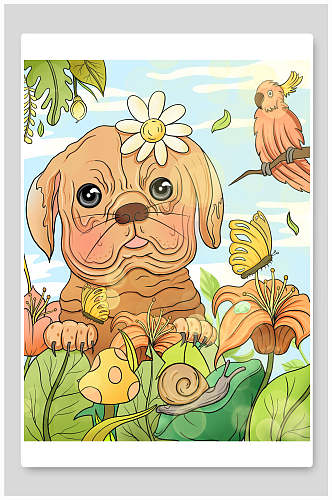 动物花朵手绘可爱卡通森林动物插画