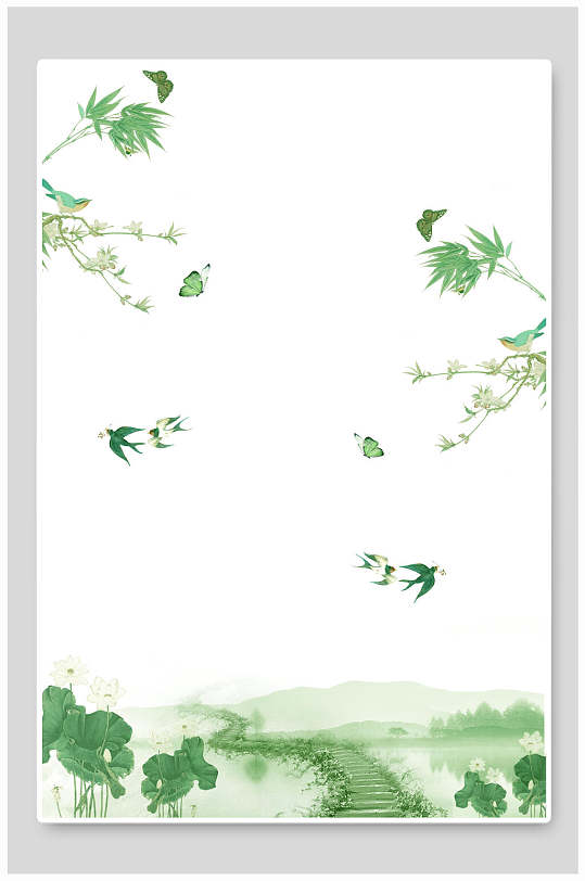 清新绿白高端大气创意古典水彩背景