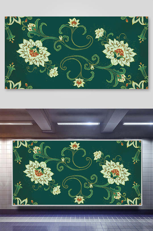 花绿色鎏金中式复古背景展板