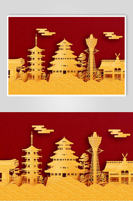 简约建筑剪纸风格日本旅游矢量素材