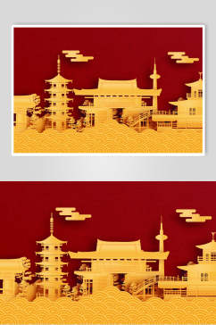 红色创意祥云剪纸风格日本旅游矢量素材
