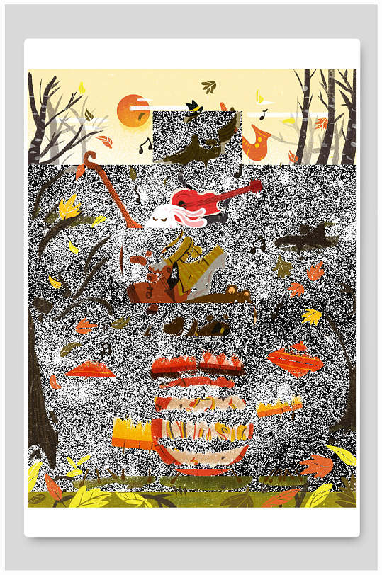 手绘灰橙色可爱卡通森林动物插画