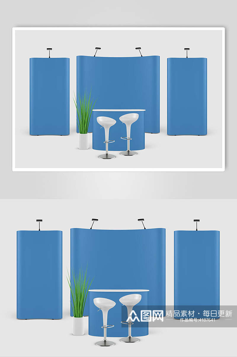 植物椅子创意大气蓝前台背景墙样机素材