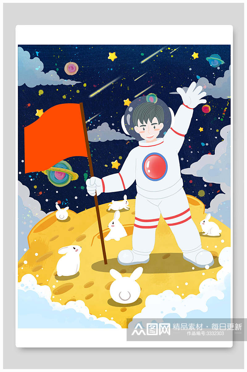 旗子兔子黄白色太空星球宇航员插画素材