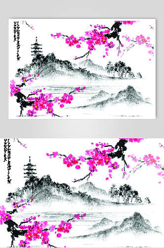 桃花中式建筑中国风淡雅水墨矢量素材