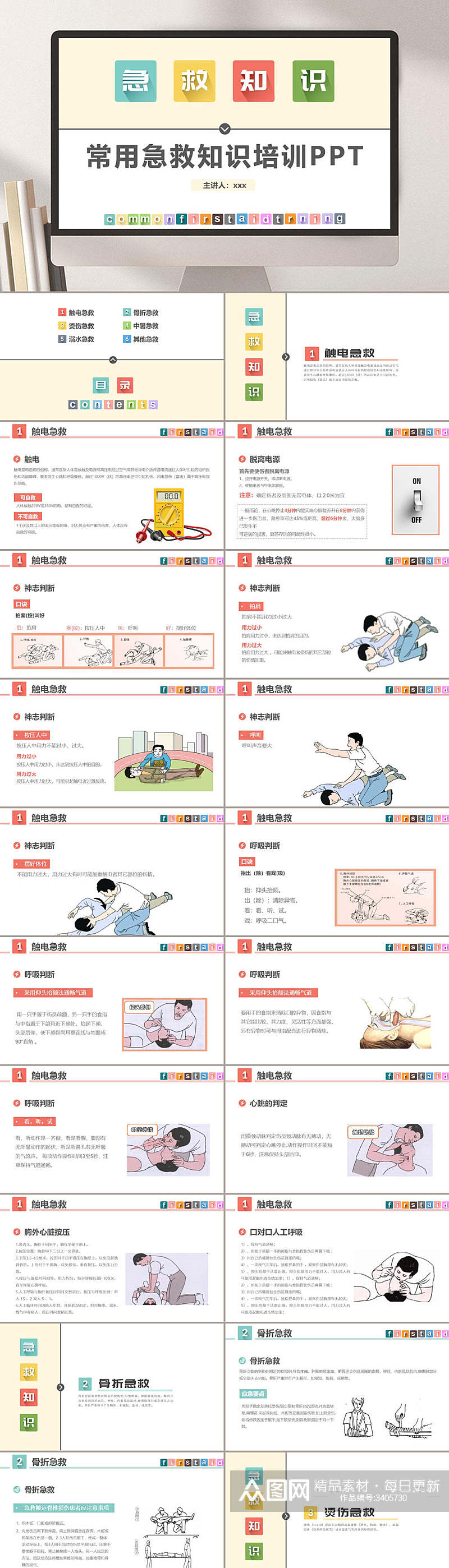 清新淡雅学生常用急救知识PPT素材