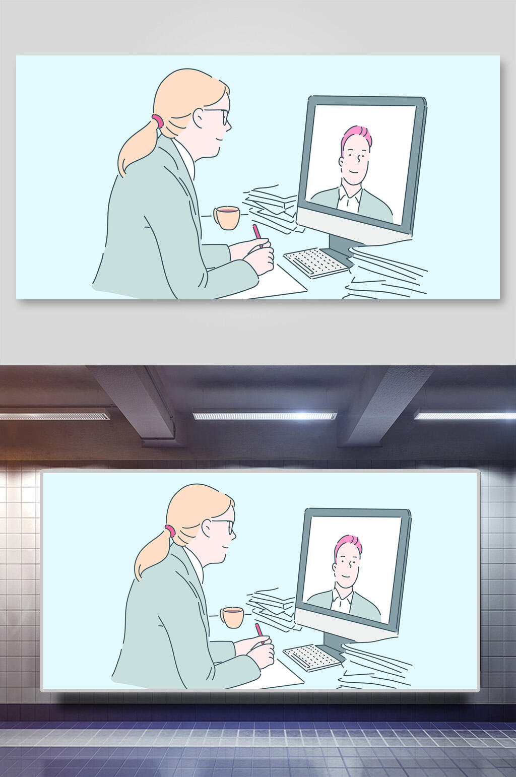 杯子电脑生活办公场景人物矢量插画素材