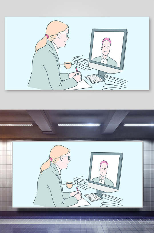 杯子电脑生活办公场景人物矢量插画