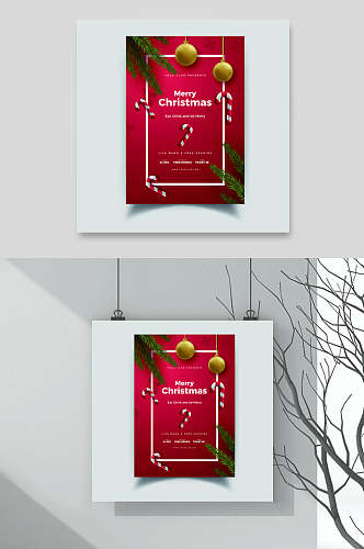 红色典雅植物欧美圣诞海报矢量素材