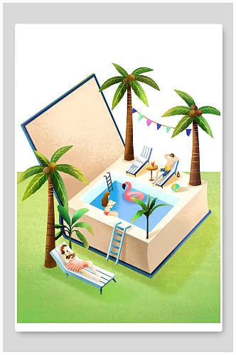 书本夏天游泳池设计款卡通读书书本教育插画