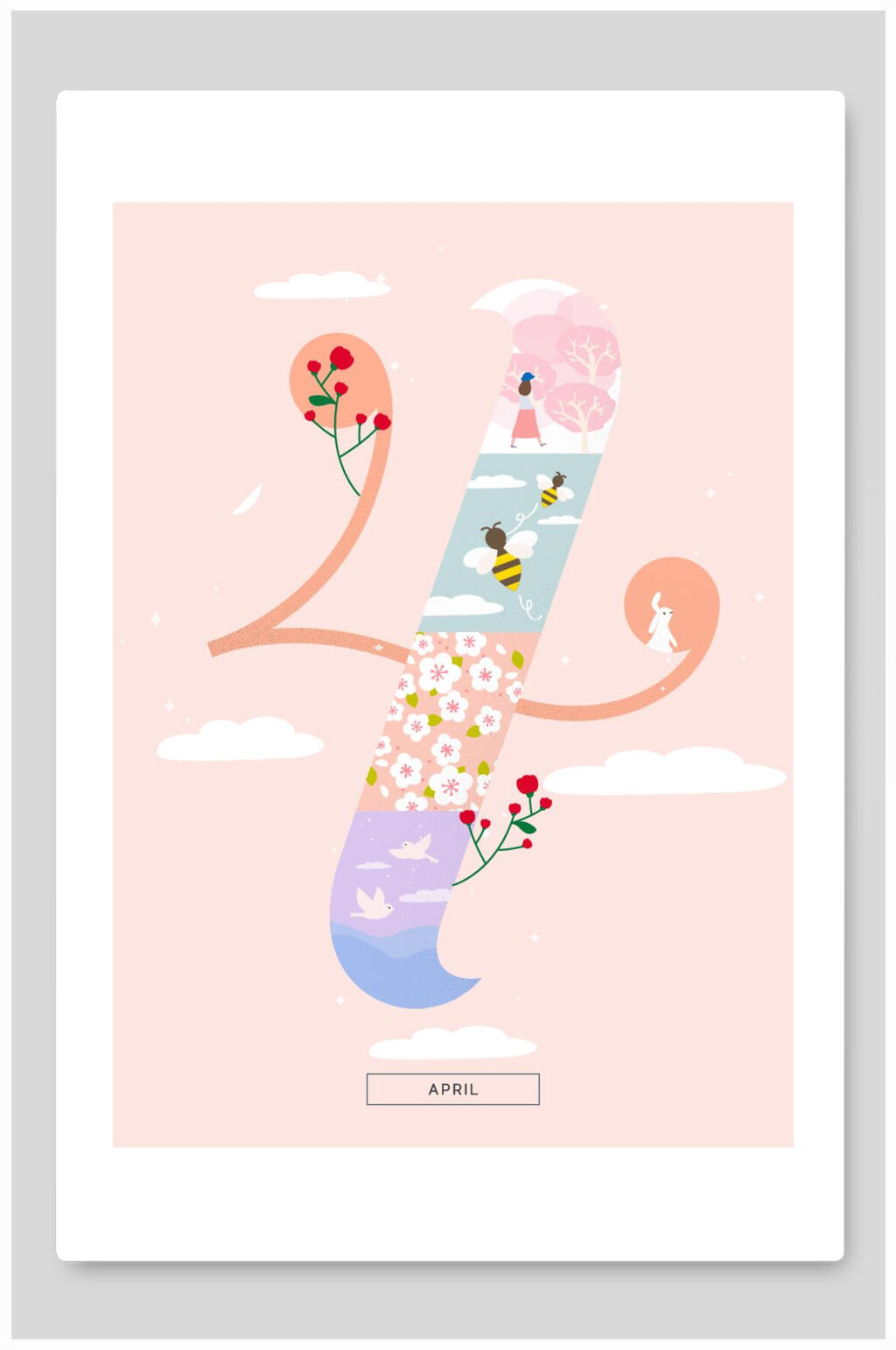 粉色简约精致卡通插画数字海报素材