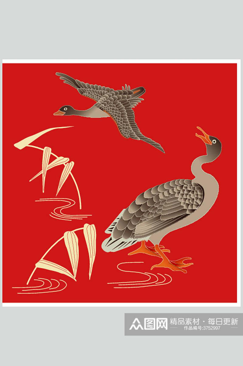 红色大气竹叶鸭子中式古典花纹矢量素材素材