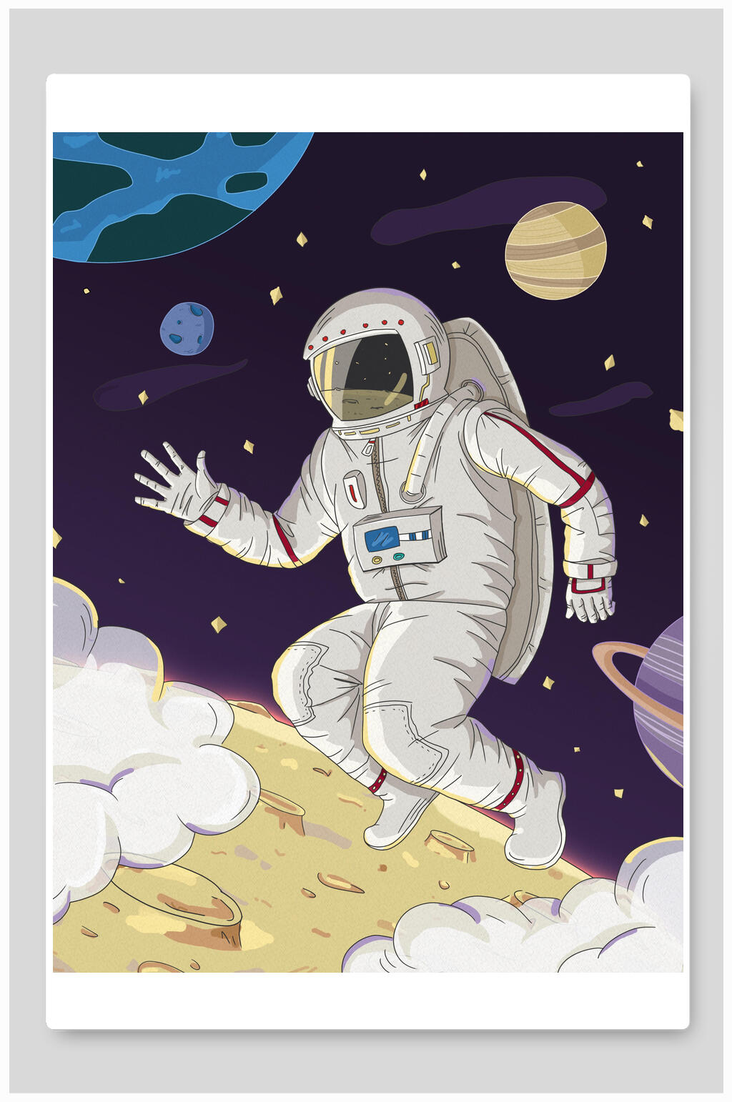 宇航员太空漫游卡通手绘风太空星球宇航员插画素材