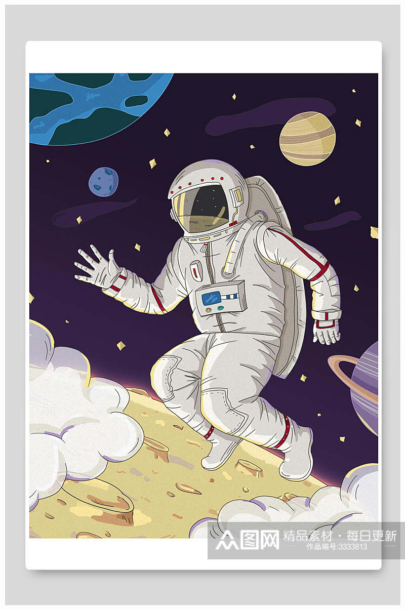 宇航员太空漫游卡通手绘风太空星球宇航员插画素材