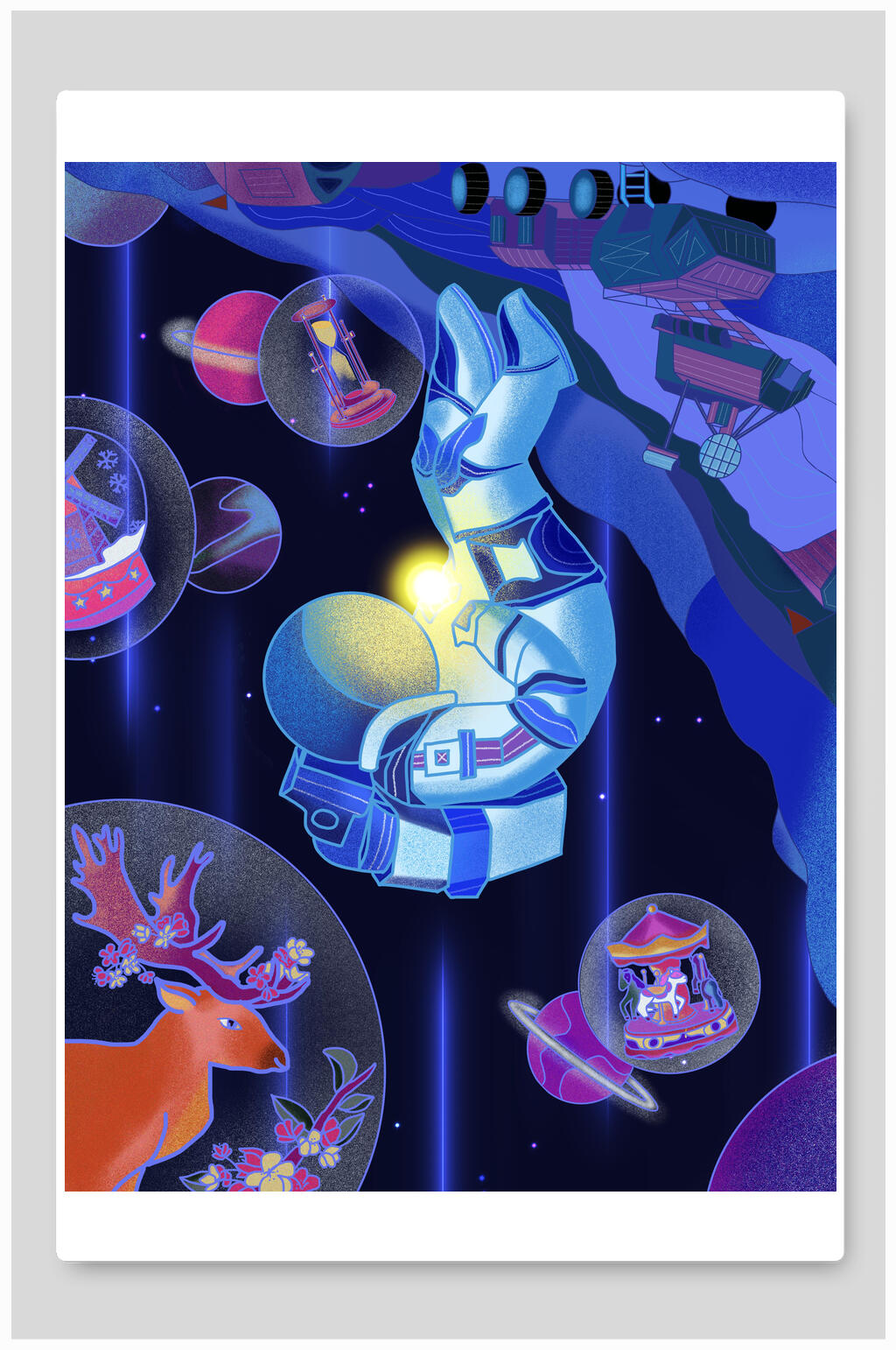动物圆形深蓝色太空星球宇航员插画素材