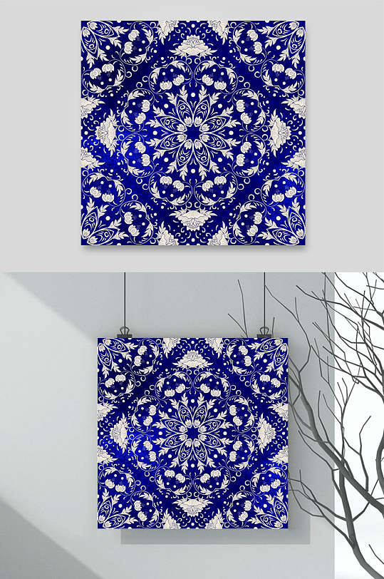 中式高端蓝色青花瓷图案矢量素材