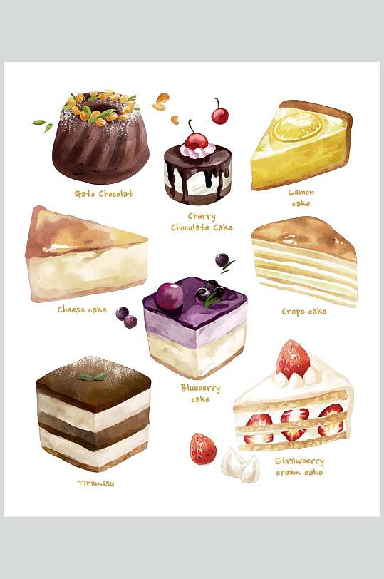 水彩手绘蛋糕面包甜品插画素材