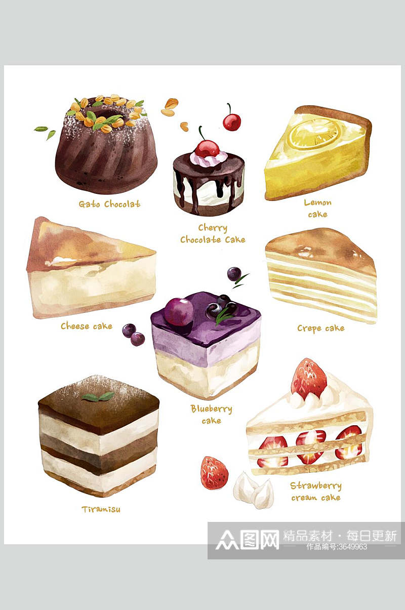 水彩手绘蛋糕面包甜品插画素材素材