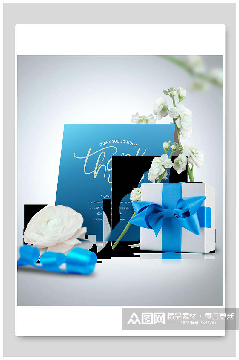 蓝白英文花朵礼盒蝴蝶结感恩节海报素材
