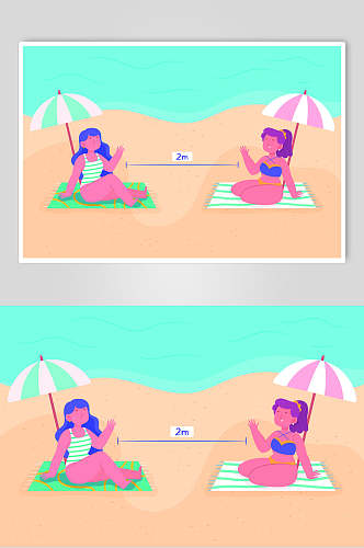 创意防疫沙滩人物场景插画矢量素材