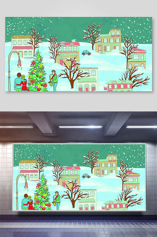 手绘冬天雪和房子冬季场景矢量插画