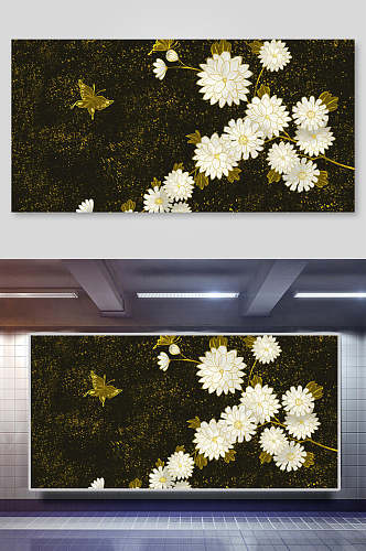 菊花鎏金中式复古背景展板