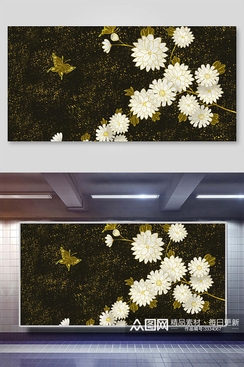 菊花鎏金中式复古背景展板素材