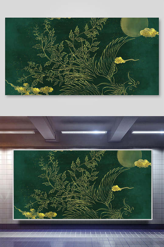 绿叶鎏金中式复古背景展板