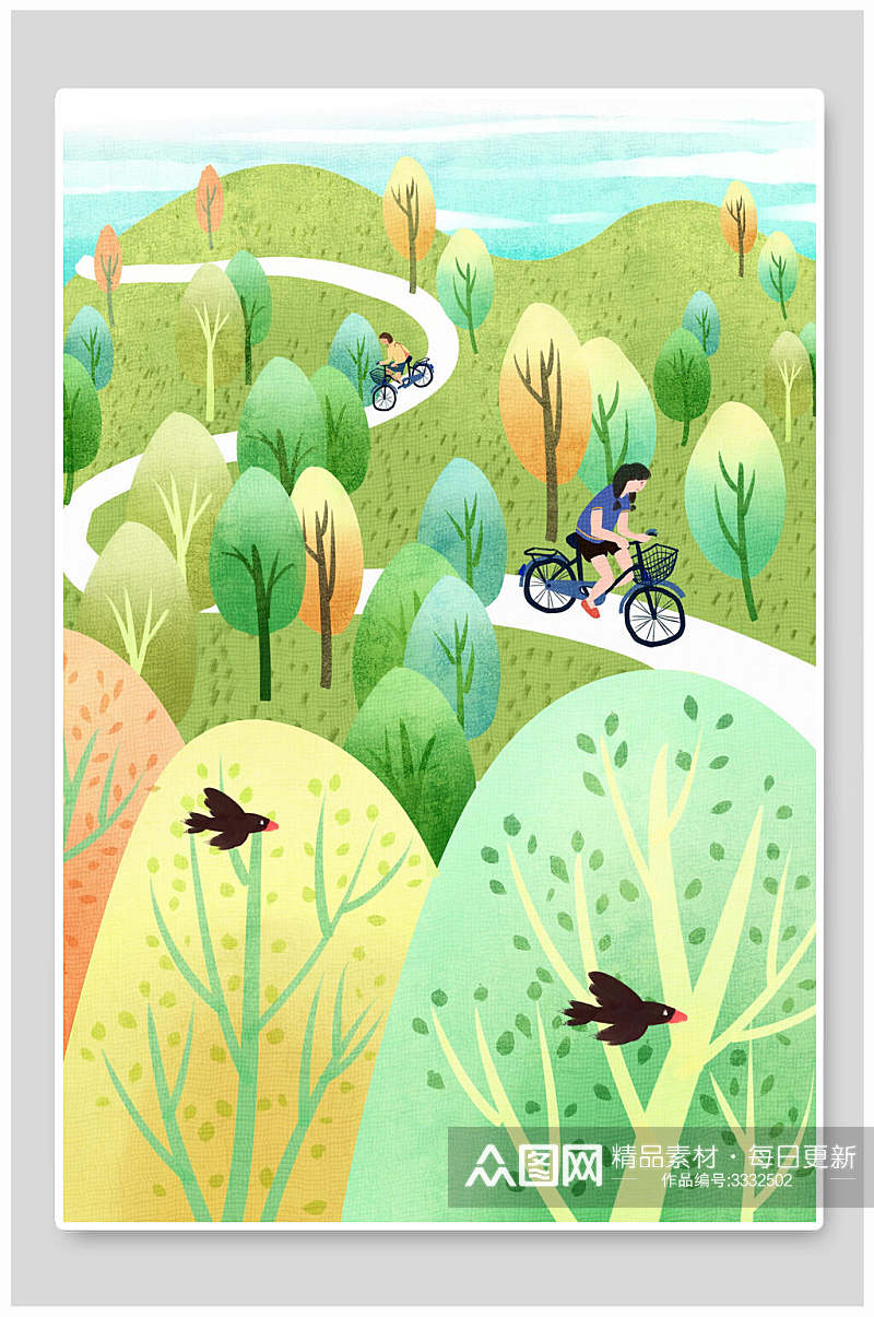 单车人物鸟唯美手绘夏天清新插画素材